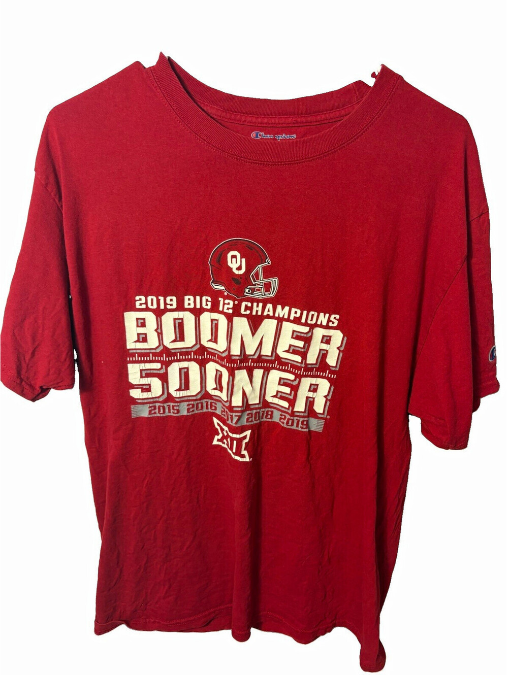 2019 Big 12 Champion Oklahoma Sooners Championship Football Red T-Shirt Size L